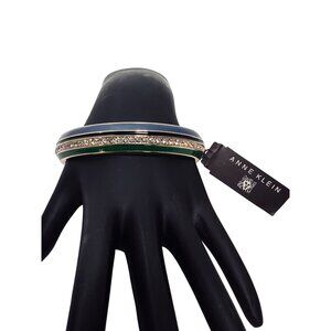 Anne Klein Gold Tone, Enamel And Rhinestone Hinged Bangle Bracelet (6232)